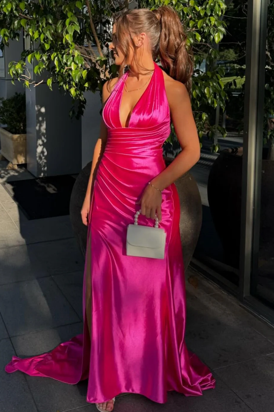 Burgundy Halter V-Neck Pleated Satin Formal Prom Dress with Slit