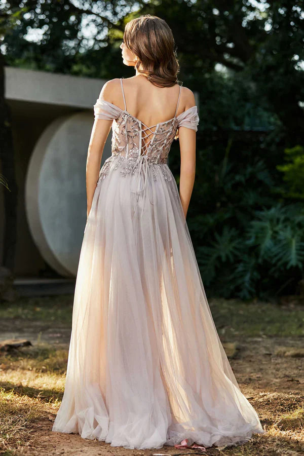 Aimishang Elegant Beaded A-Line Prom Dresses Off the Shoulder Tulle Dress Evening Dress