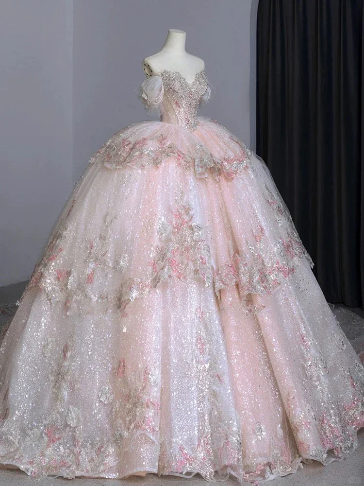 Vintage Pink Glittering Beaded Sweetheart Tulle Sweet 16 Quinceanera A-Line Off-the-shoulder Evening Dress Long Ball Gown HZ1024