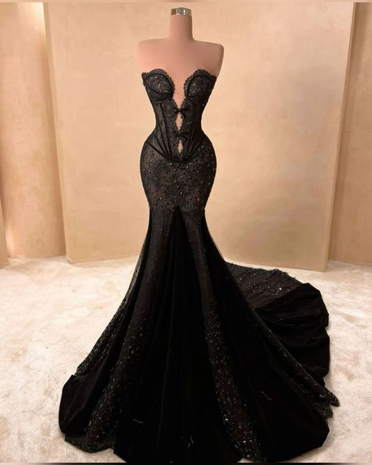 Black, Glamorous, Sexy, And Sparkly Long Velvet Evening Gown gh6879