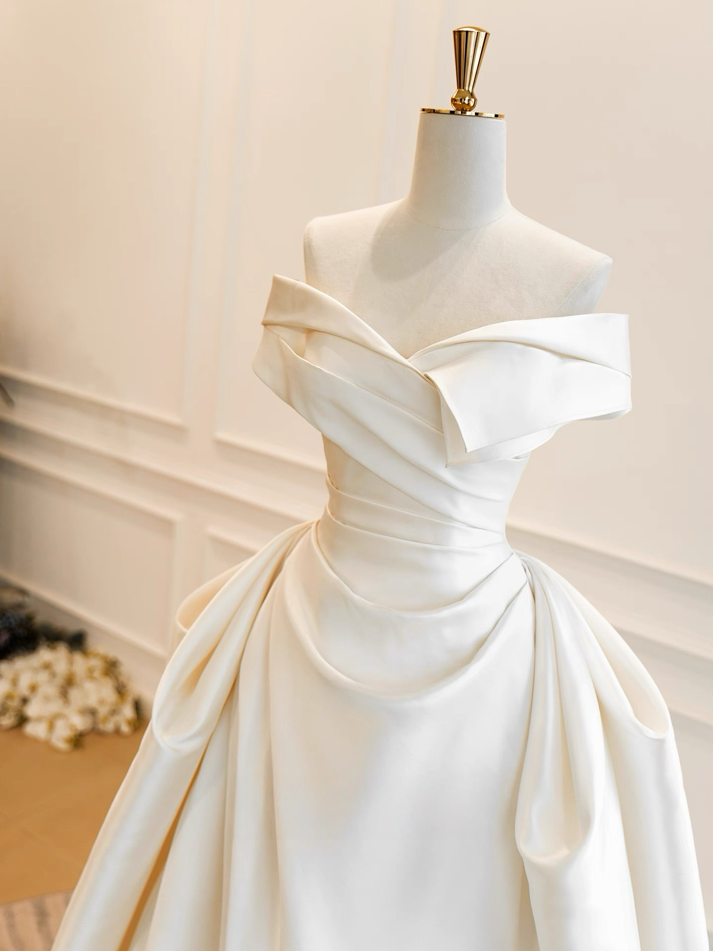 A-Line Off Shoulder Satin ivory Long Prom Dress, ivory Formal Dress