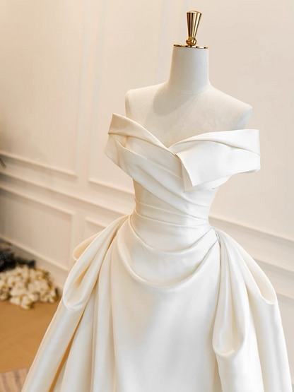 A-Line Off Shoulder Satin ivory Long Prom Dress, ivory Formal Dress