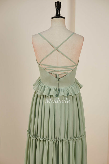Dusty Sage V-Neck Ruffle A-Line Long Dress with Spaghetti Straps