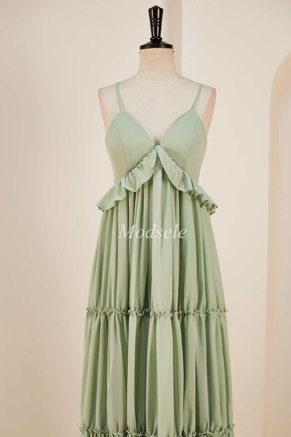 Dusty Sage V-Neck Ruffle A-Line Long Dress with Spaghetti Straps