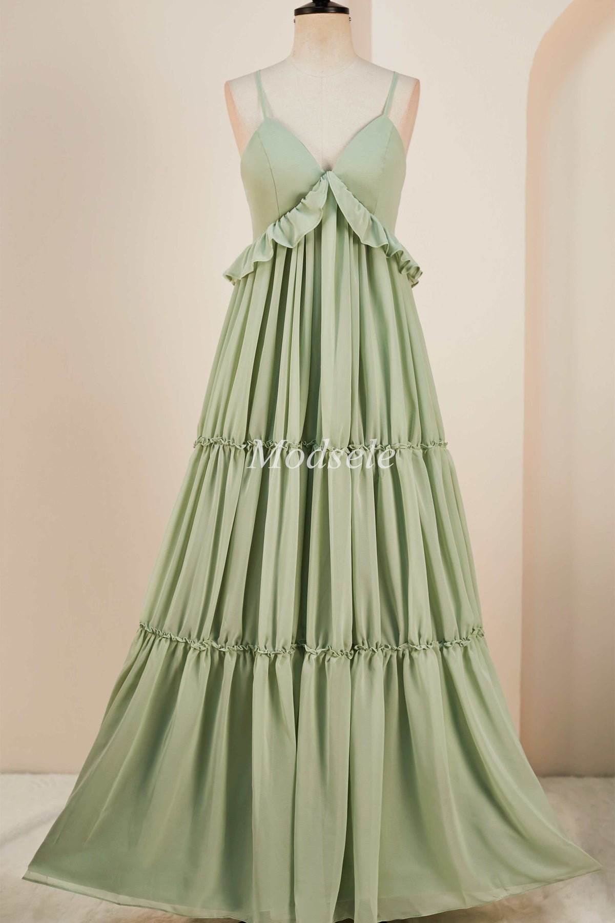 Dusty Sage V-Neck Ruffle A-Line Long Dress with Spaghetti Straps