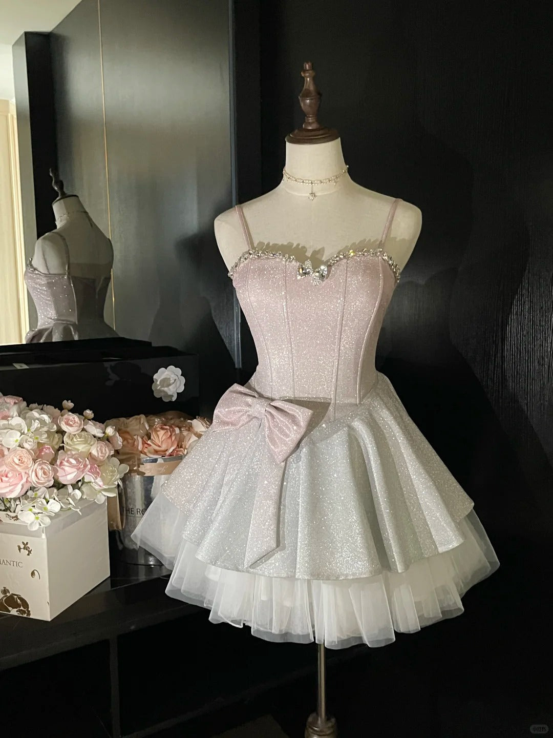 Pink Sparkle Princess Barbie Short Satin Homecoming Dress Prom Gown gh4631