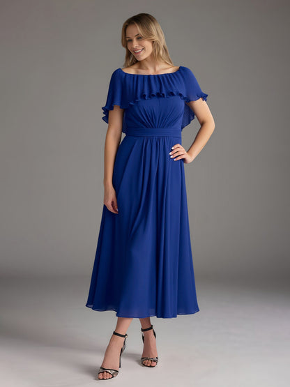A-Line Flutter Sleeves Chiffon Tea-Length Dress Royal Blue