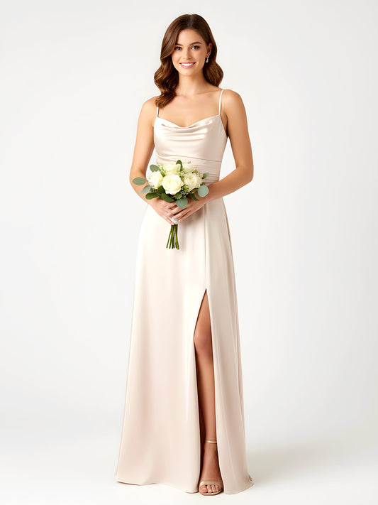 Cowl Neck Spaghetti Strap Satin Gown with Slit Ivory