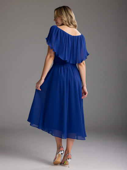 A-Line Flutter Sleeves Chiffon Tea-Length Dress Royal Blue