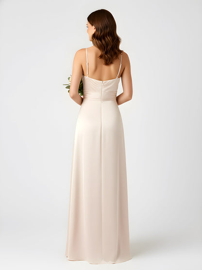 Cowl Neck Spaghetti Strap Satin Gown with Slit Ivory