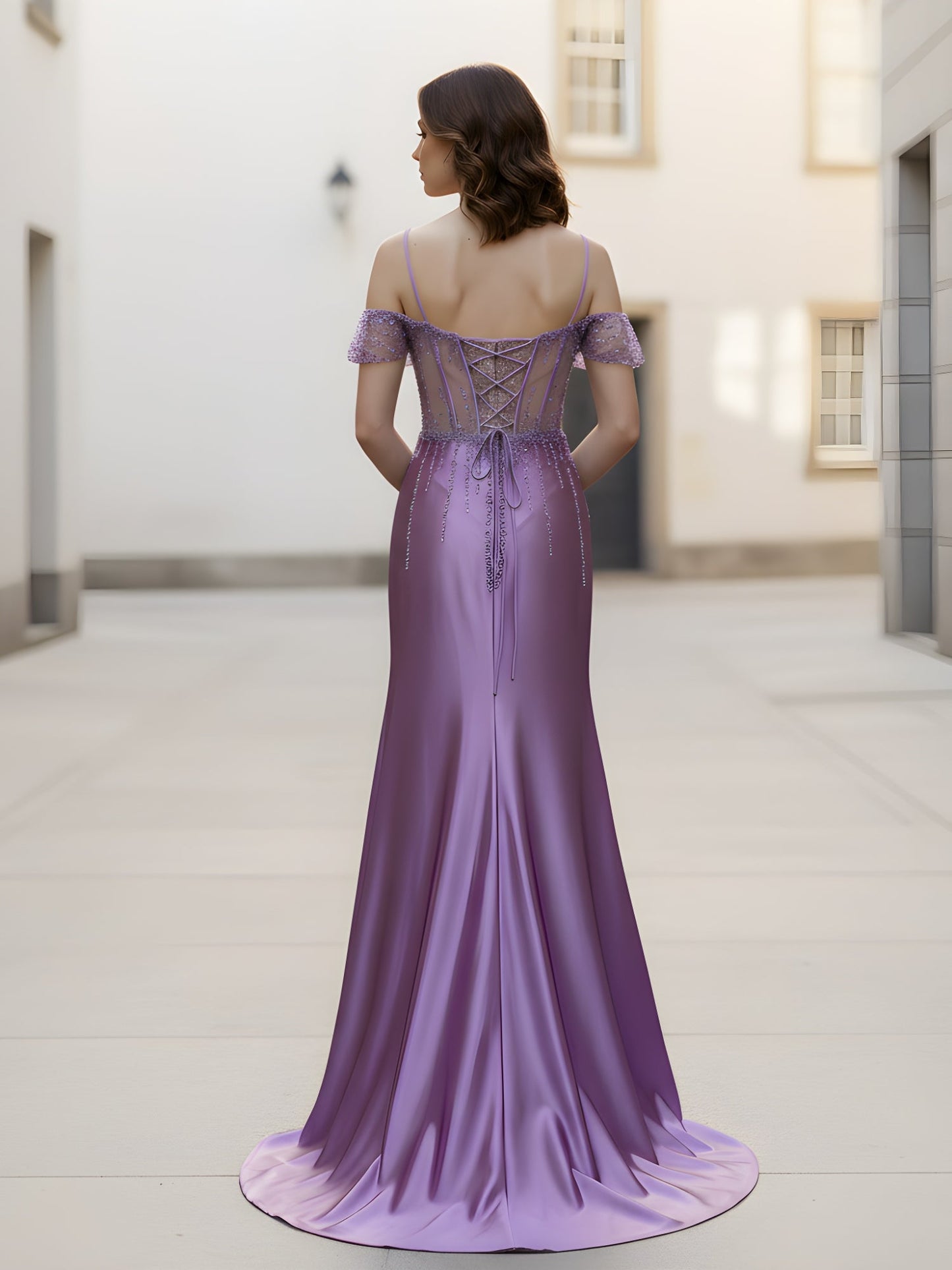 Sweetheart Sequins Sheer Corset Sheath Gown With Slit Tahiti