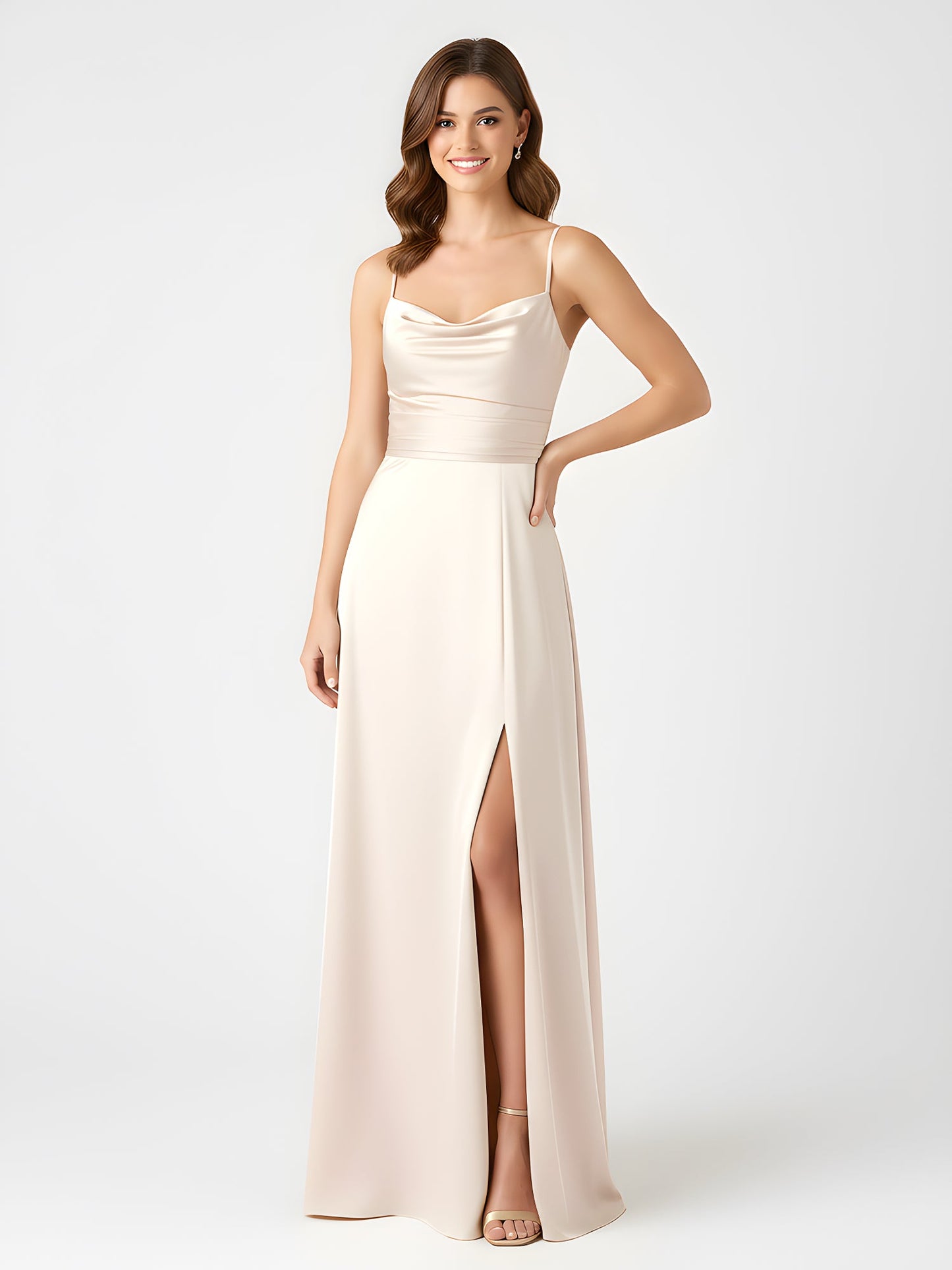Cowl Neck Spaghetti Strap Satin Gown with Slit Ivory
