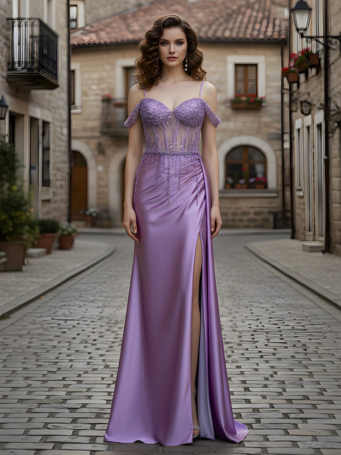 Sweetheart Sequins Sheer Corset Sheath Gown With Slit Tahiti