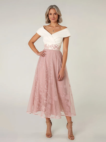 Off-the-Shoulder Satin A-Line Lace Tea-Length Dress Dusty Rose