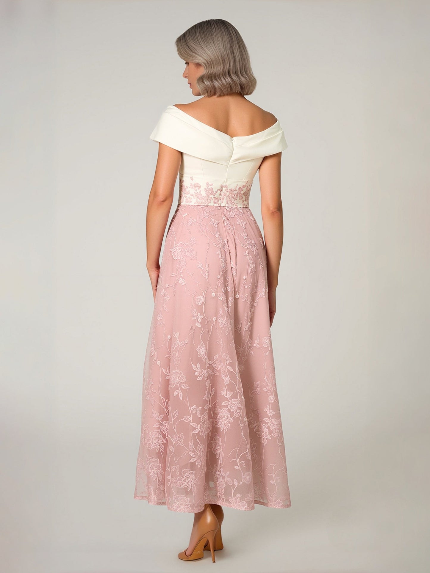 Off-the-Shoulder Satin A-Line Lace Tea-Length Dress Dusty Rose