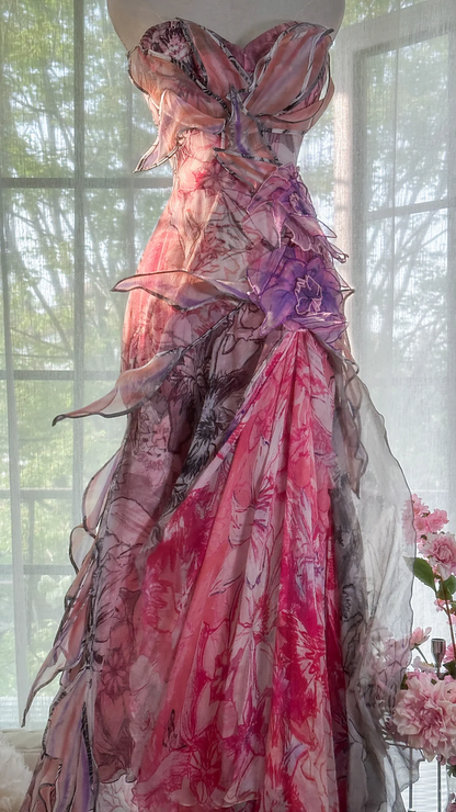 Vintage Floral Sweetheart Strapless Design A-line Romantic Chiffon Evening Dress Prom Dress HZ1024