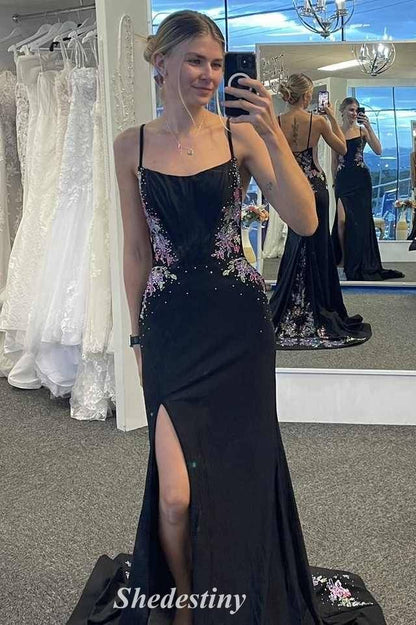 Applique Royal Blue Spaghetti Straps Mermaid Slit Porm Dress