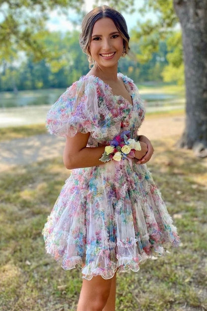 Fuchsia Print Puff Sleeve Ruffle Short Homecoming Dress