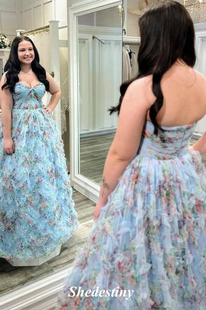 Pleated Sweetheart Floral Print Light Blue A-Line Prom Dress