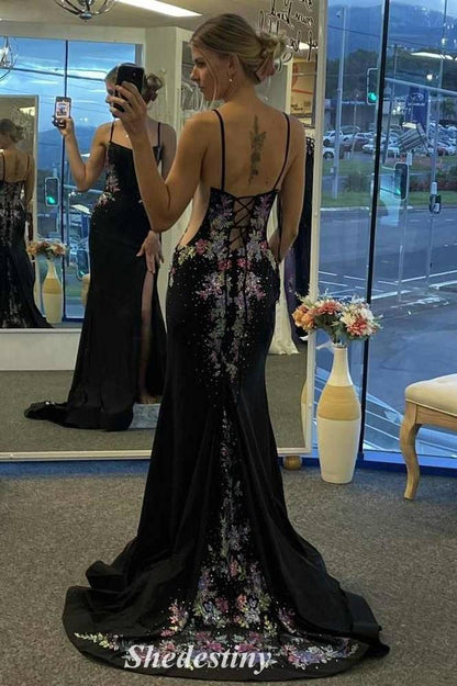 Applique Royal Blue Spaghetti Straps Mermaid Slit Porm Dress