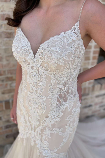 Beige Floral Lace V-Neck Trumpet Long Wedding Dress