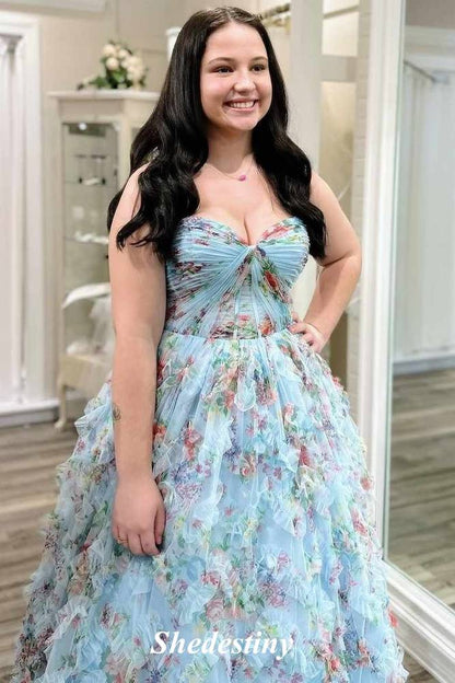 Pleated Sweetheart Floral Print Light Blue A-Line Prom Dress