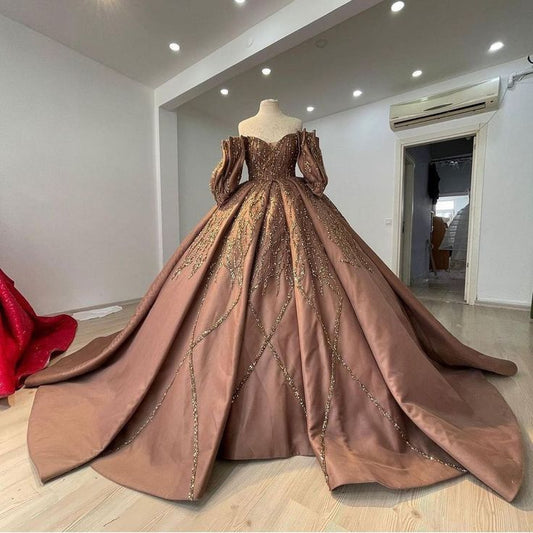 Brown Shiny Elegant Beaded Sweetheart Neck Short Sleeve Long Satin Floor Length Ball Gown Evening Dress gh3453