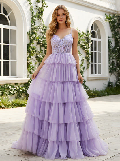 Sweetheart Corset A-Line Tiered Tulle Dress Lilac