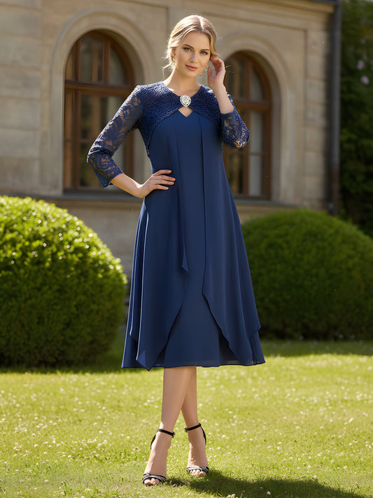 3/4 Sleeves Lace Chiffon Tea-Length Illusion Dark Navy