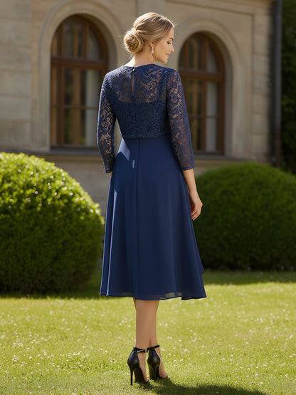3/4 Sleeves Lace Chiffon Tea-Length Illusion Dark Navy