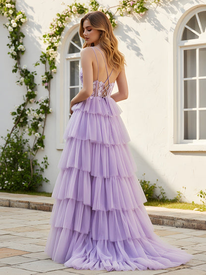 Sweetheart Corset A-Line Tiered Tulle Dress Lilac