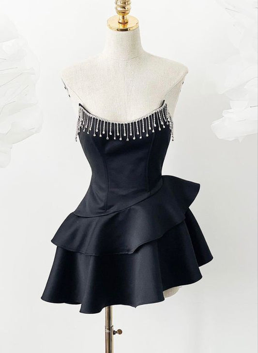 ✨Girlhomeshops🔥Red/Black Beaded Ruffle Short Satin Homecoming Dress PromDress Party Dress gh4983