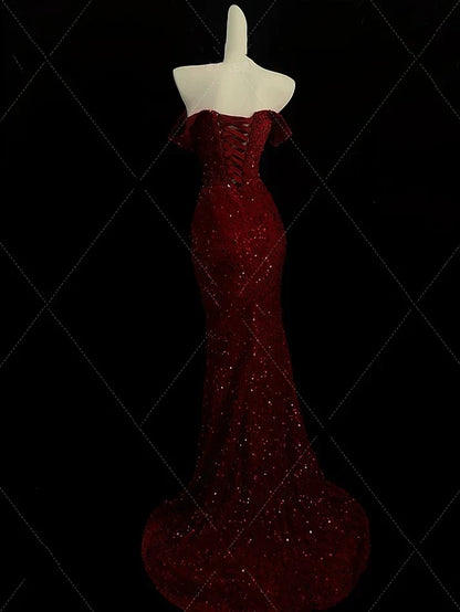Enchanting Shiny Sequin Sweetheart Off-the-shoulder Mermaid Floor-length High Slit Prom Dress Evening Dress HZ1024