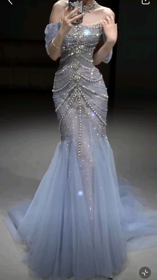 Luxury Blue Mermaid Strapless Tulle Beaded Long Prom Dress,Off The Shoulder Evening Dress  cc2536