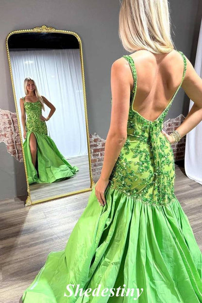 Sequin Applique Green Mermaid Satin Slit Porm Dress with Straps