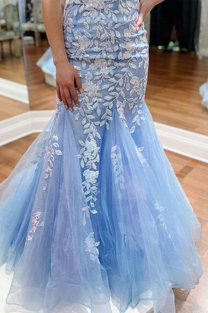 Black Tulle Applique Plunge V Trumpet Long Prom Dress