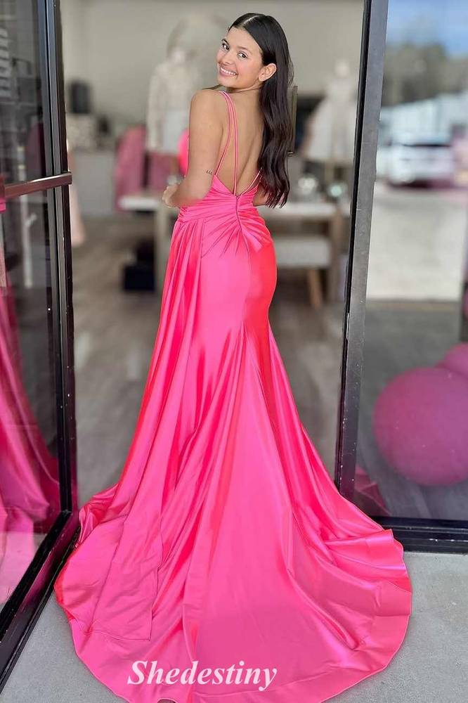 Plunging V-Neck Mermaid Fuchsia Prom Dress with Train