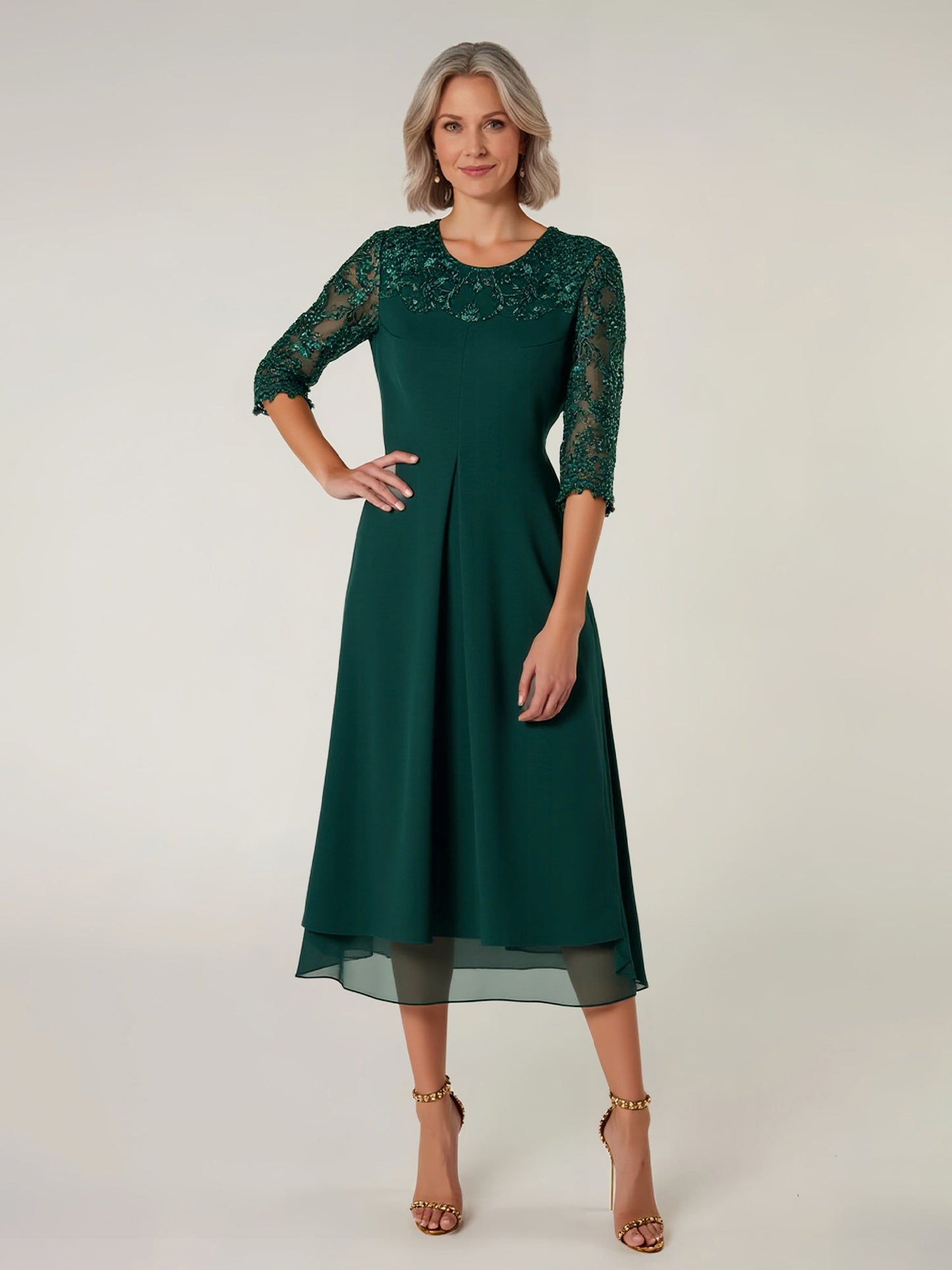 Lace Scoop Neck 3/4 Sleeves Chiffon Tea-Length Dress Dark Green
