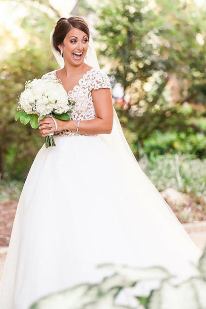 Long Cap Sleeves A-line V-Neck White Bridal Dress with Lace