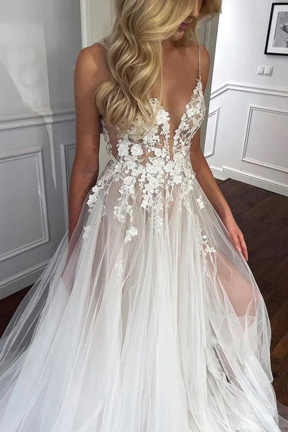 V Neck Lace A Line Tulle Appliques Wedding Dress With