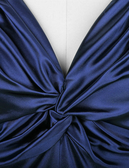 Blue Women's Vintage Sleeveless Ruffle V Neck Mermaid Hem Cocktail Prom Gowns Dresses