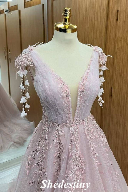 Plunging V-Neck Light Pink A-Line Applique Tulle Prom Dress