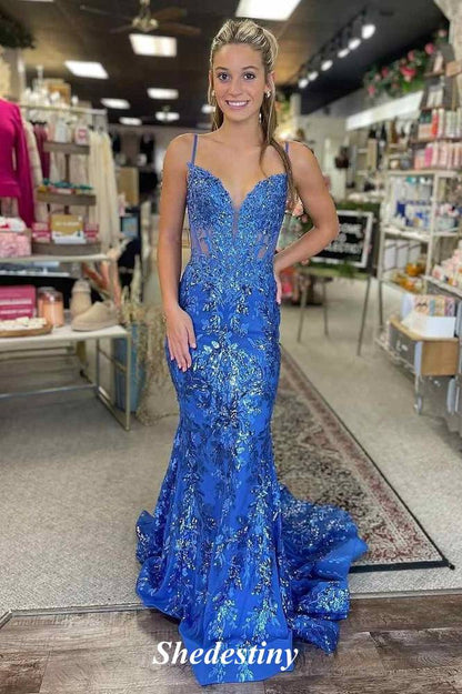 Red Spaghetti Straps Mermaid Sequin Applique Prom Dress
