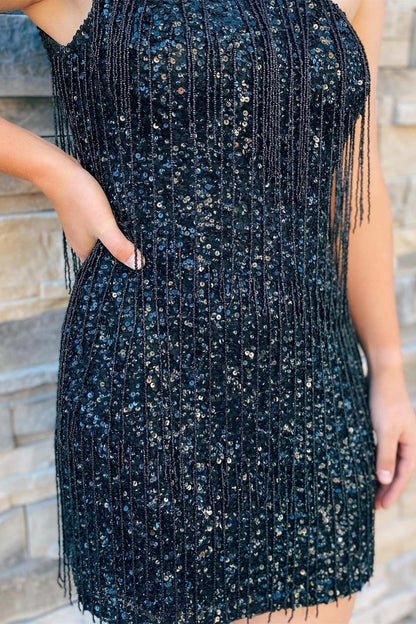 Black Sequin Fringe One-Shoulder Short Homecoming Dress