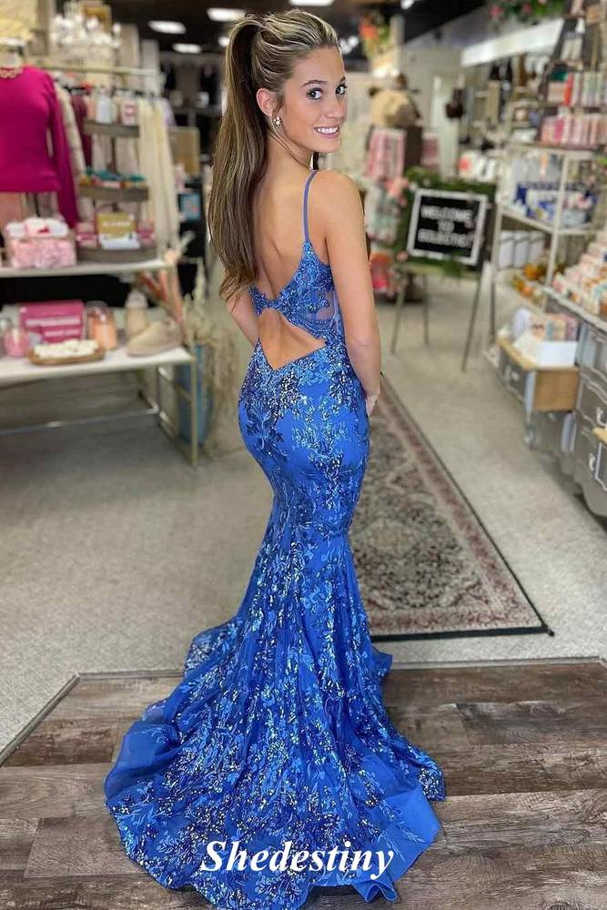 Red Spaghetti Straps Mermaid Sequin Applique Prom Dress