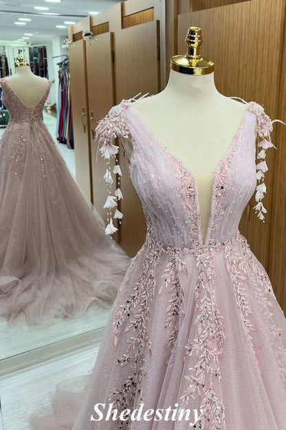 Plunging V-Neck Light Pink A-Line Applique Tulle Prom Dress