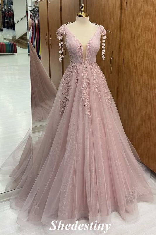 Plunging V-Neck Light Pink A-Line Applique Tulle Prom Dress