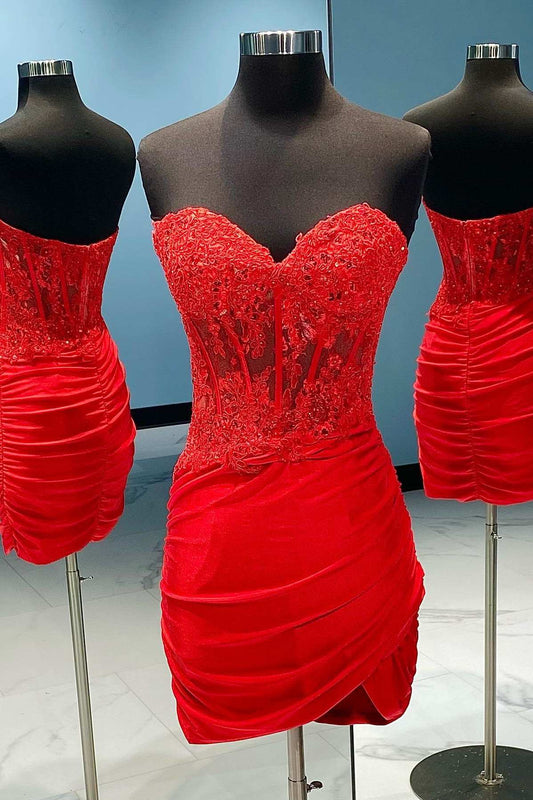Red Lace Strapless Ruched Short Homecoming Dress