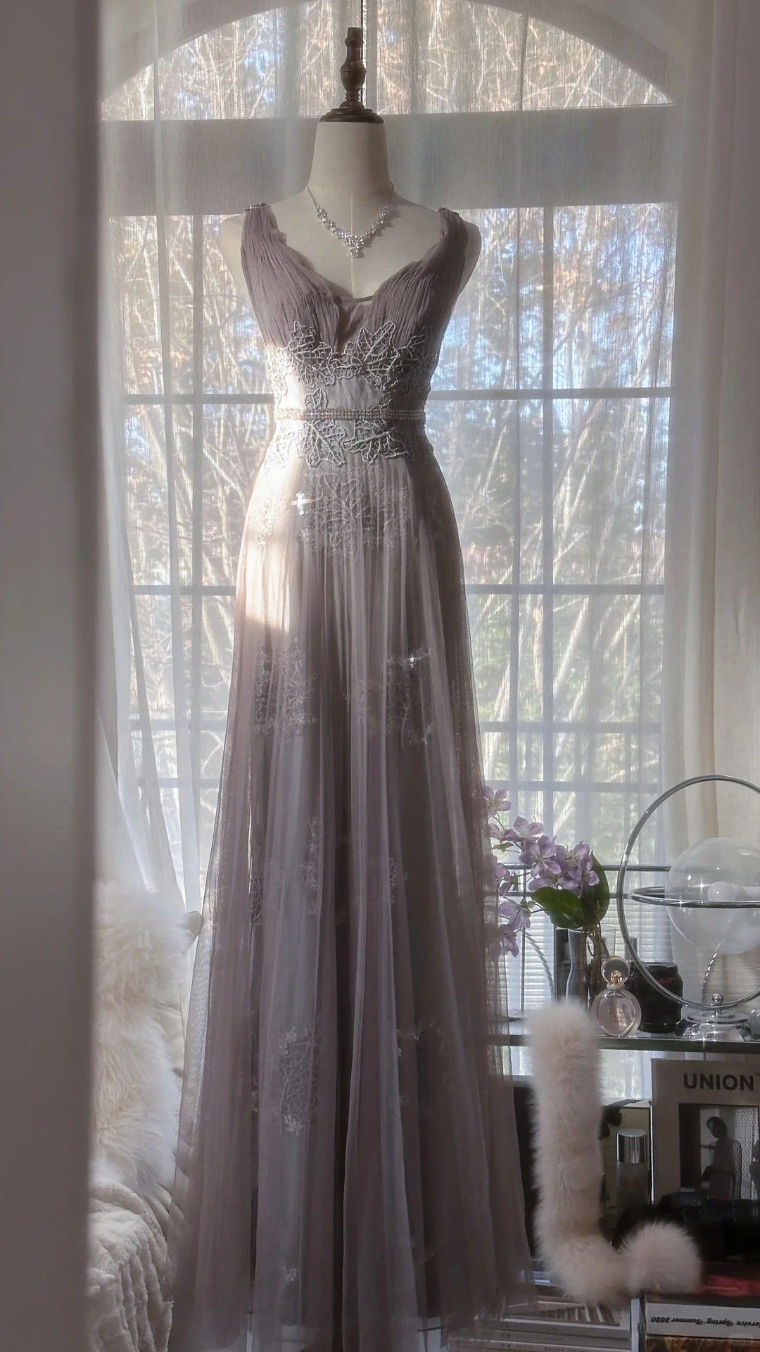 Vintage Light Purple Applique Design Romantic Chiffon Evening Dress Prom Dress HZ1024