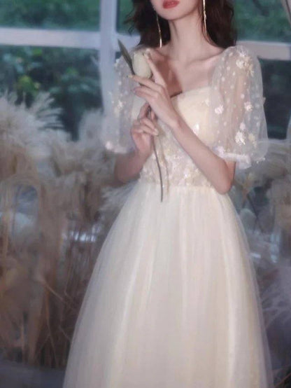 A-Line Elegant Engagement Prom Dress Off Shoulder Short Sleeve Floor Length Tulle with Appliques - RongMoon